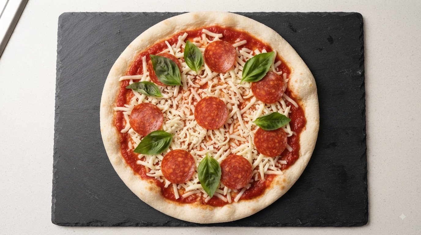 Pizza individual con tomate, mozzarella y toppings añadidos antes de la segunda cocción
