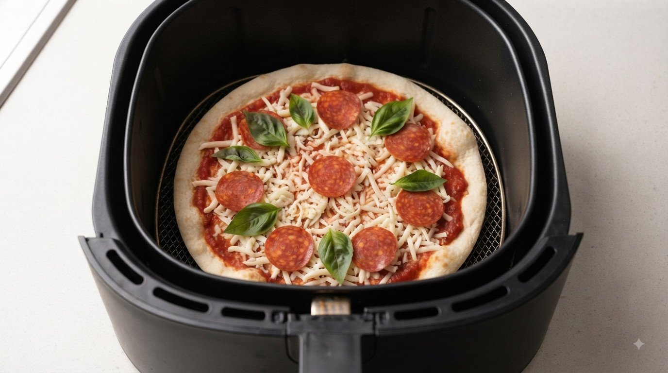 Cesta de la freidora de aire con la pizza individual lista para cocinar