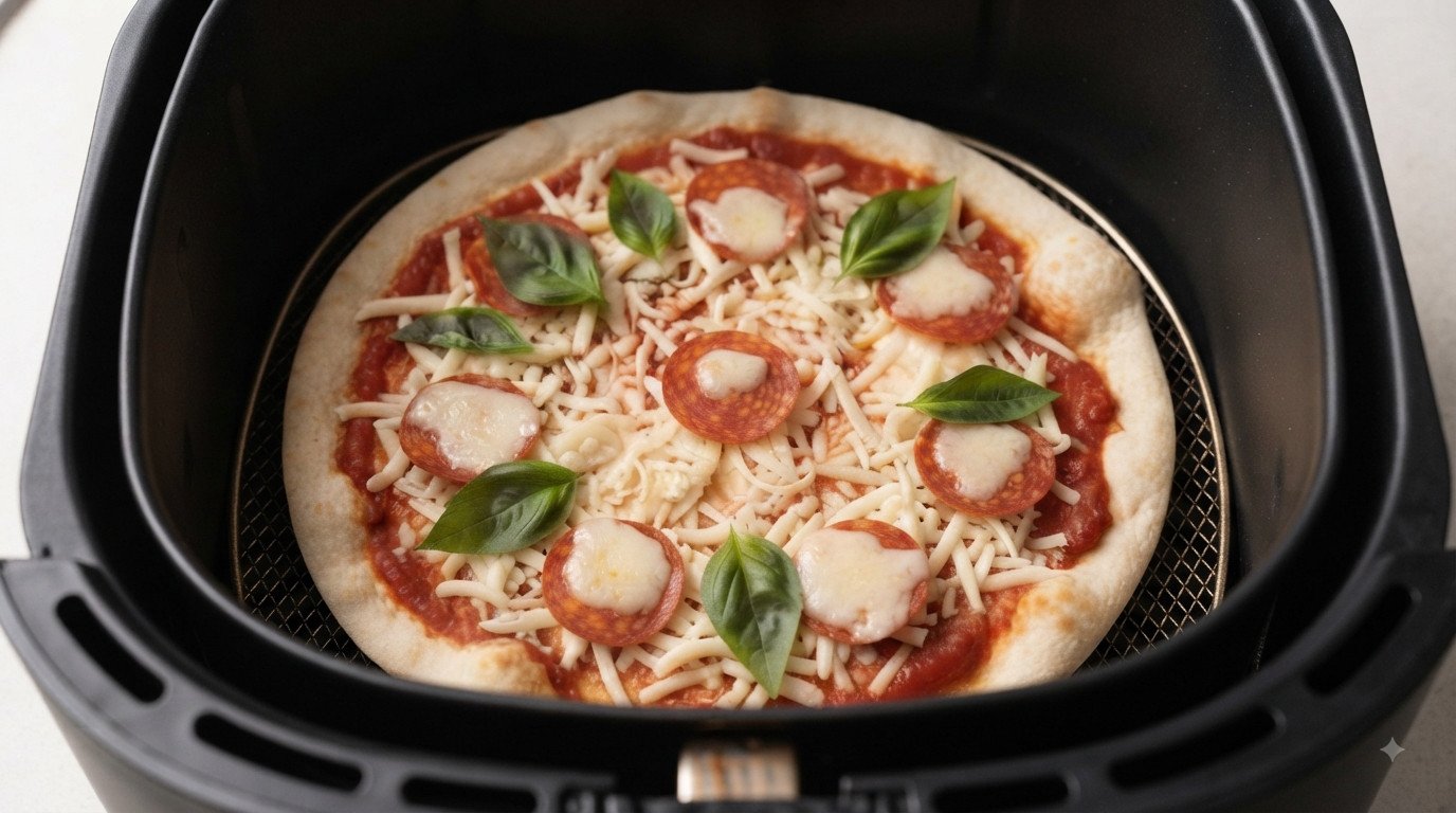 Pizza individual a mitad de cocción con el queso empezando a fundirse