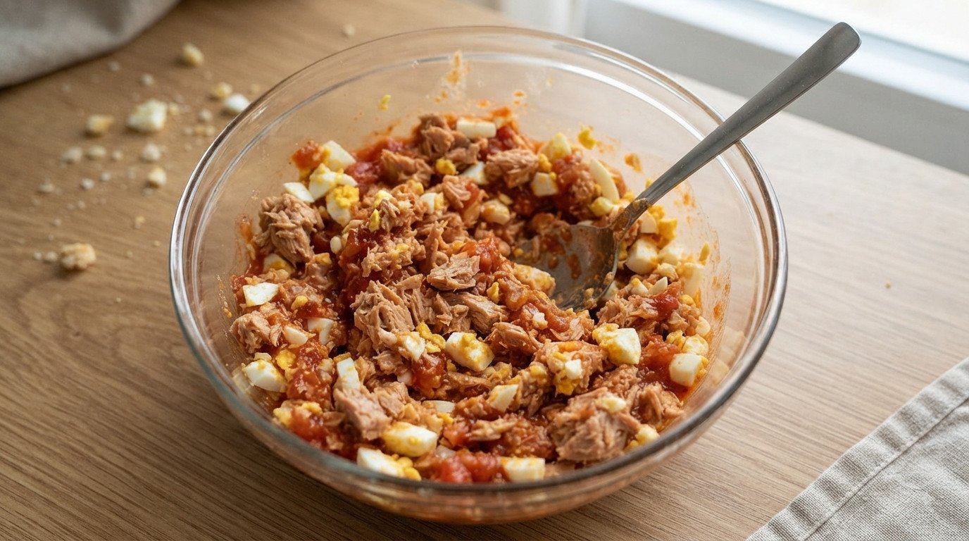 Relleno de atún, huevo cocido y tomate frito mezclado en un bol