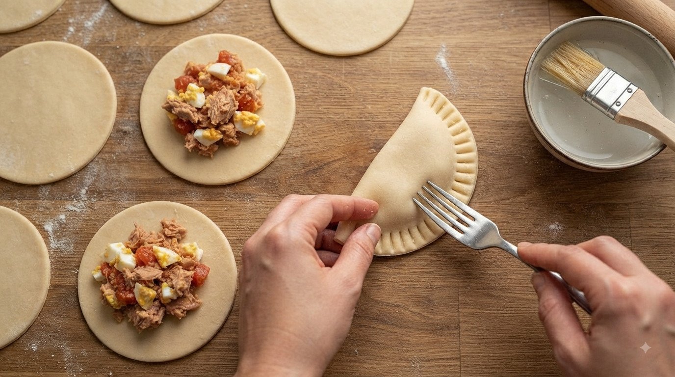 Obleas de empanadilla rellenas y selladas con un tenedor sobre una tabla de madera
