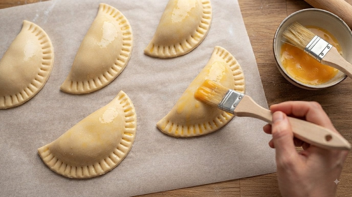 Empanadillas pincelándose con huevo batido antes de cocinar