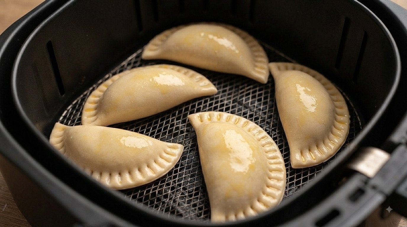 Empanadillas de atún colocadas en la cesta de la freidora de aire