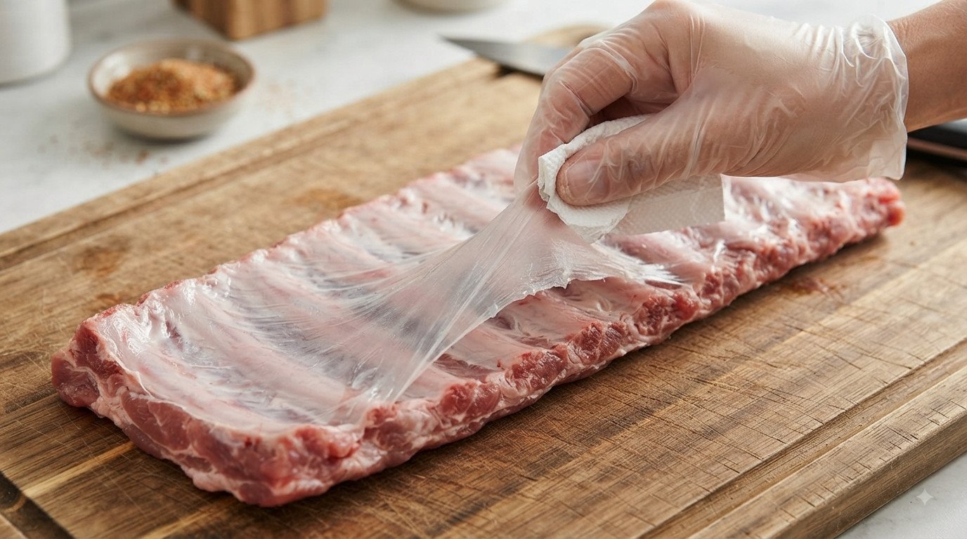 Costillar de cerdo preparado para hacer costillas BBQ en freidora de aire