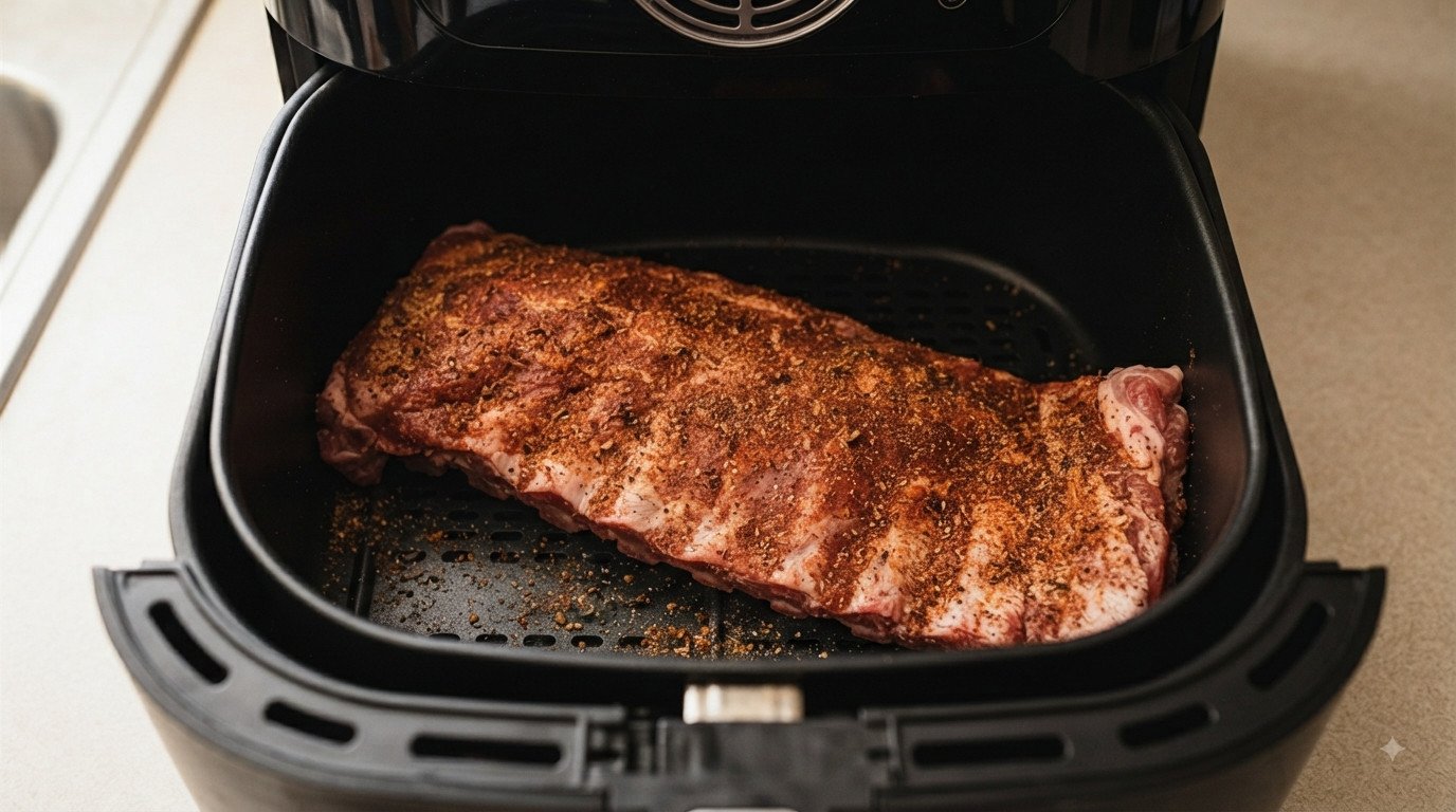 Costillas de cerdo colocadas en la cesta de la freidora de aire con el hueso hacia abajo
