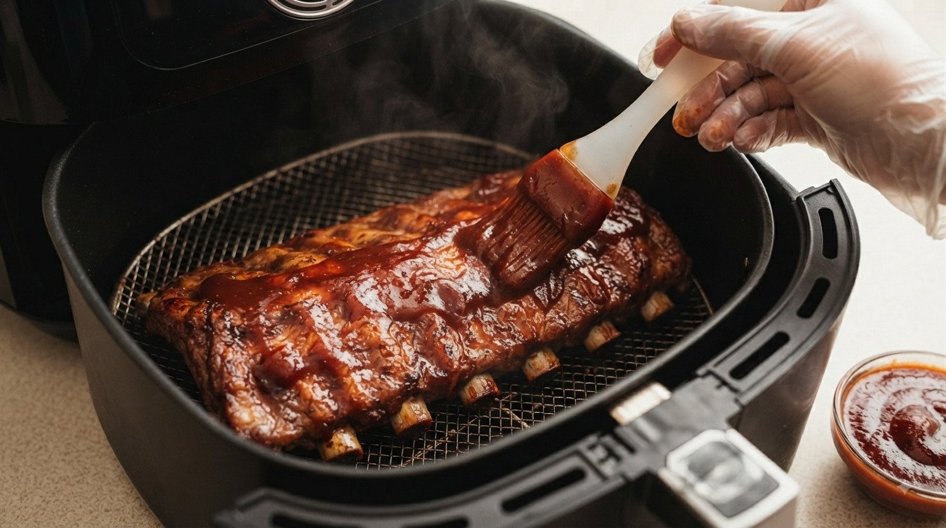 Costillas de cerdo siendo pintadas con salsa BBQ antes del último tramo de cocción