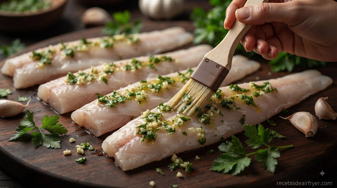 Filetes de merluza siendo pincelados con el majado de ajo y perejil