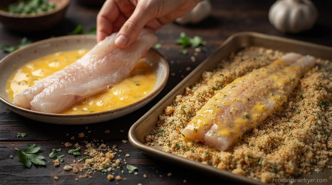 Filetes de merluza pasando por huevo batido y pan rallado sobre tabla de madera