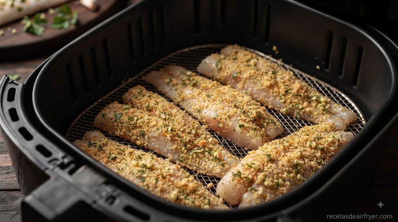 Filetes de merluza empanados en la cesta de la freidora de aire, en una sola capa