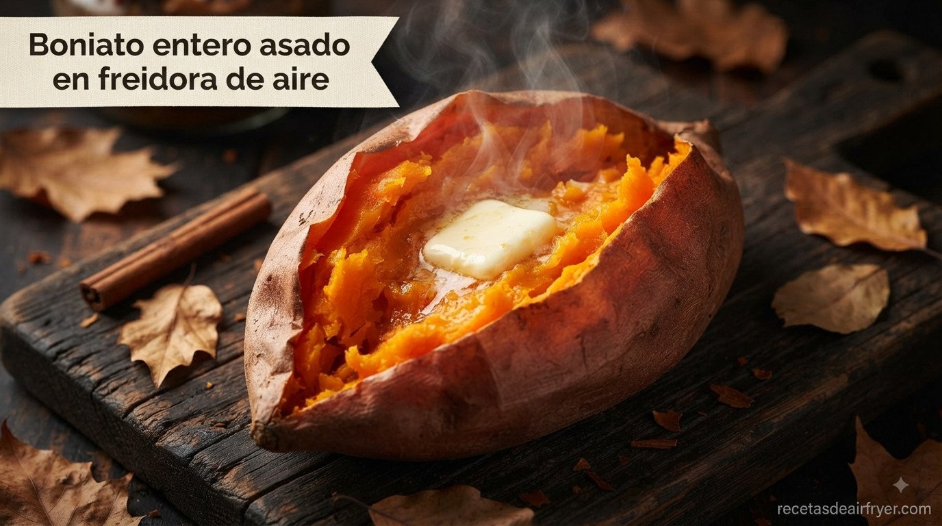 Boniato entero asado en freidora de aire, abierto y humeante