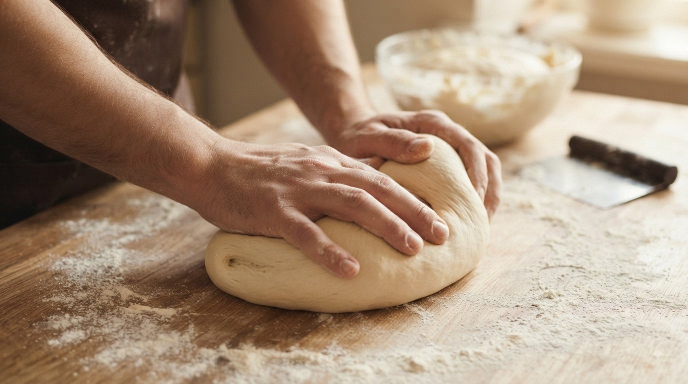 Masa de pan de hamburguesa siendo amasada