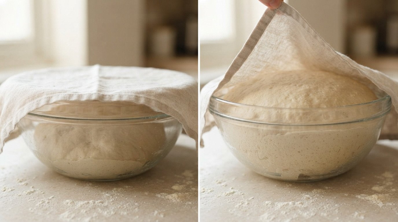 Masa de pan levando en un bol tapada con un paño