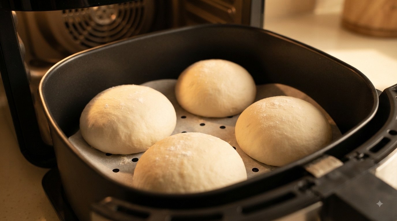 Bollos de pan formados en la cesta de la freidora de aire, levando