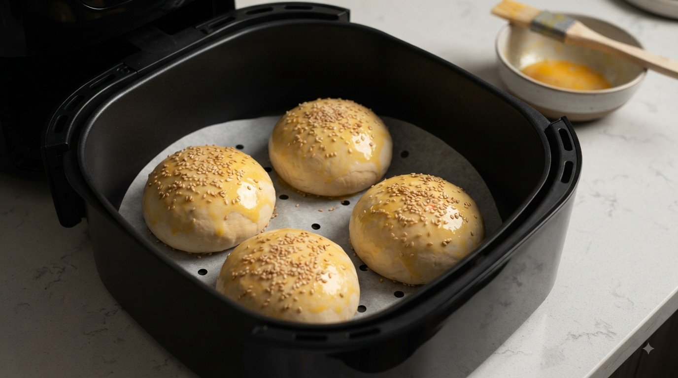 Bollos de pan pincelados con huevo y semillas de sésamo