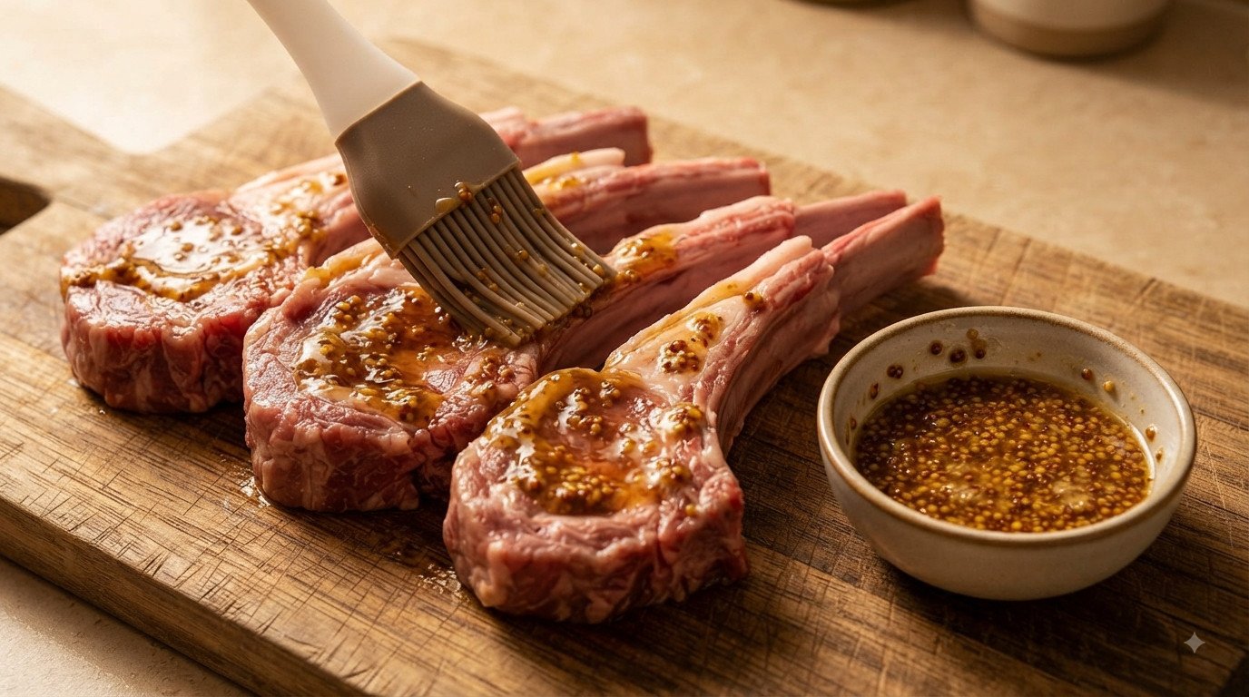 Chuletillas de cordero crudas siendo untadas con adobo de miel y mostaza