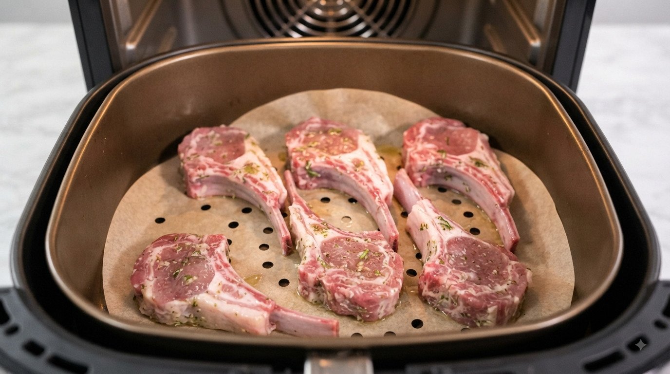 Chuletillas de cordero en la cesta de la freidora de aire antes de cocinar