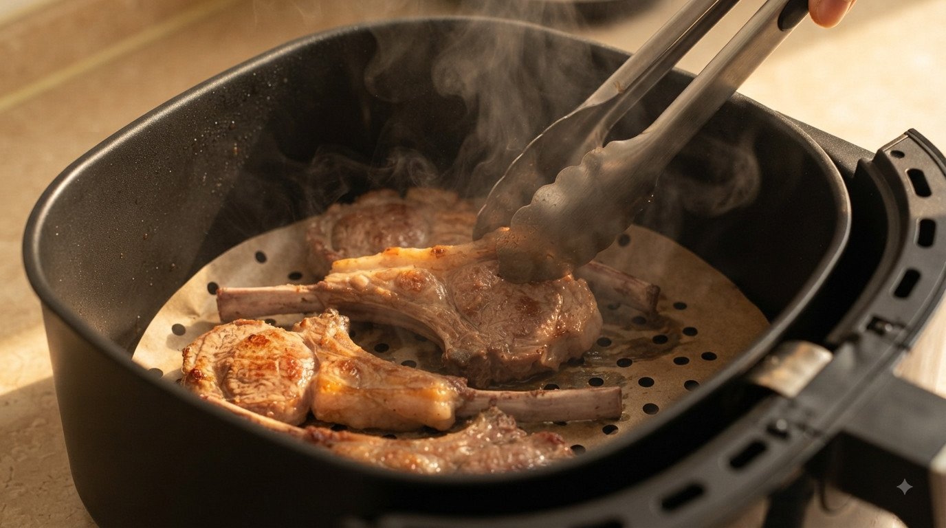 Chuletillas de cordero a mitad de cocción siendo volteadas con pinzas