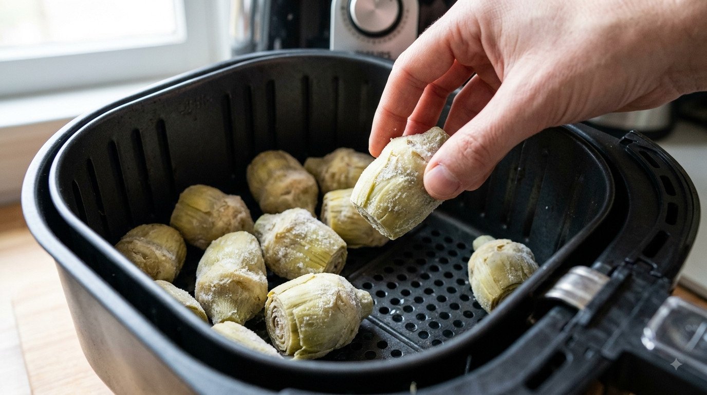 Ingredientes y alcachofas congeladas para preparar en freidora de aire