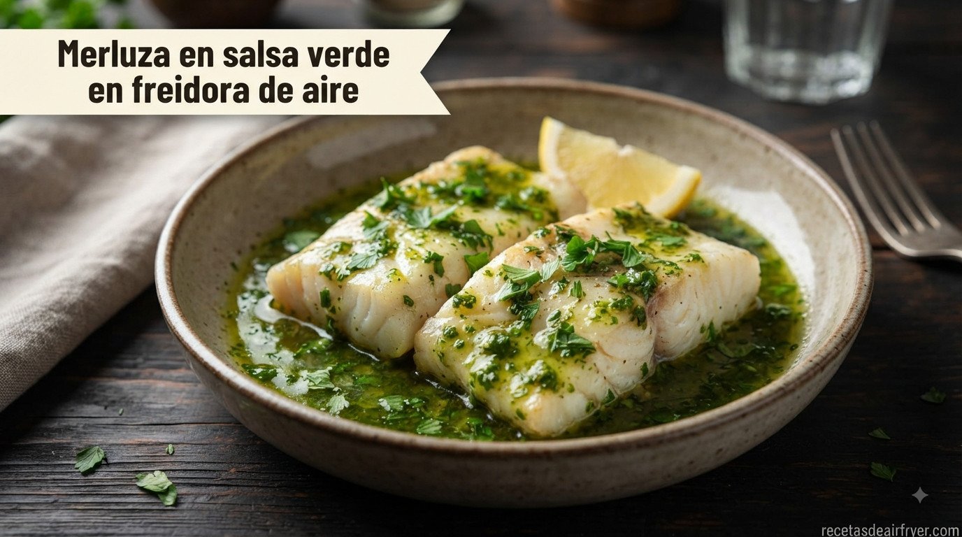 Merluza en salsa verde en freidora de aire, con perejil fresco