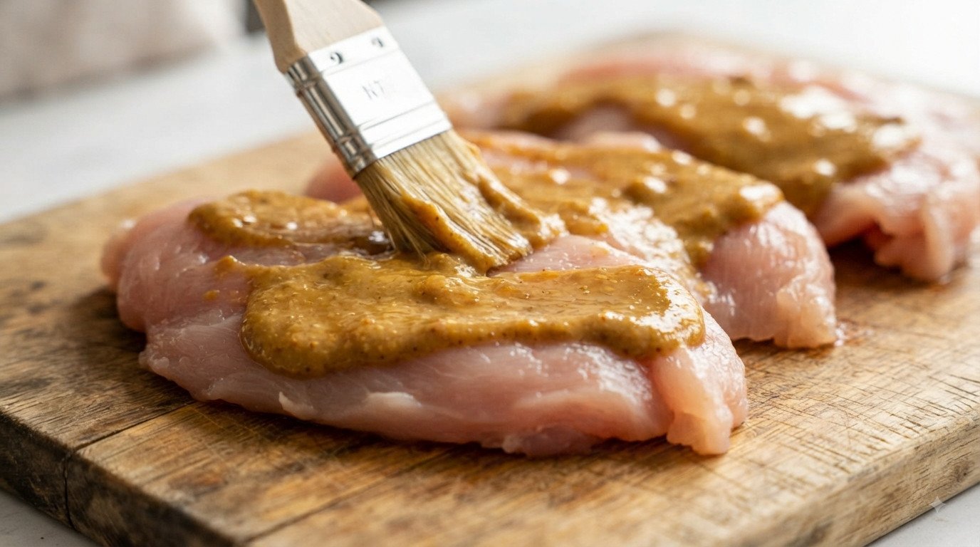 Filetes de pechuga de pavo siendo untados con el adobo de soja y mostaza sobre tabla de madera
