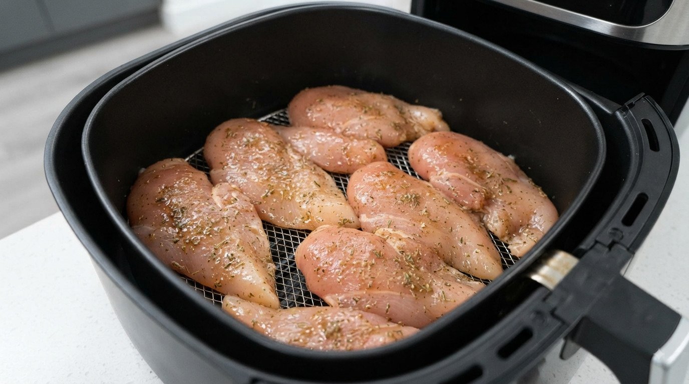 Filetes de pavo en la cesta de la freidora de aire, sin amontonar, antes de cocinar