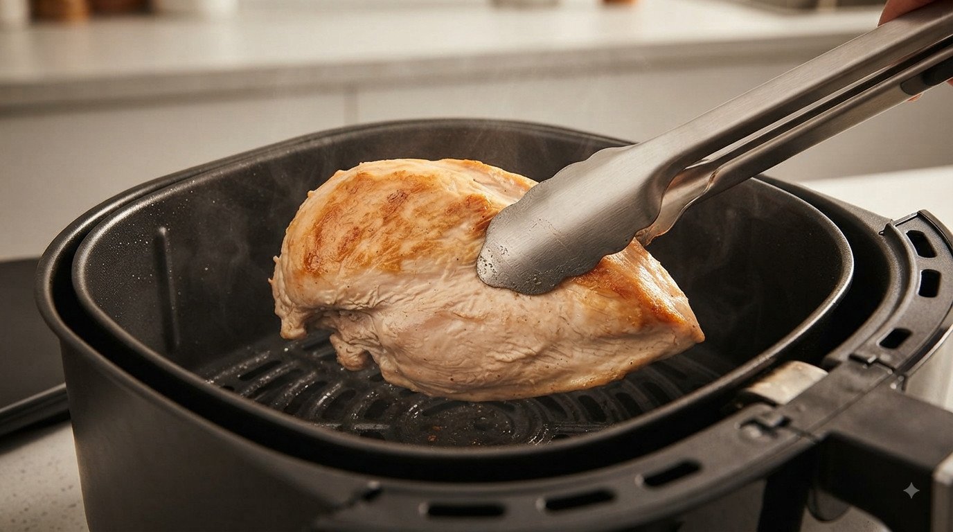 Filete de pavo a mitad de cocción siendo volteado con pinzas