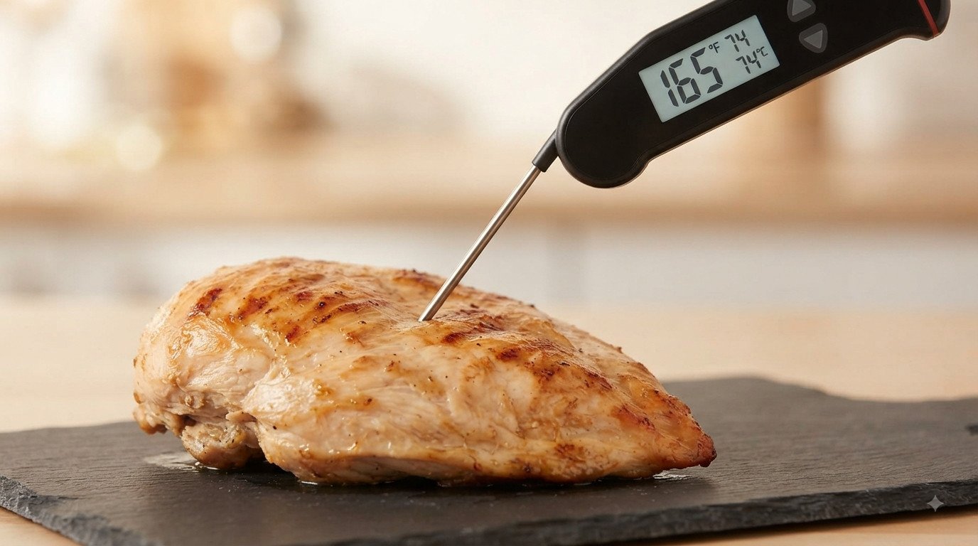 Termómetro de cocina insertado en un filete de pavo mostrando la temperatura interna