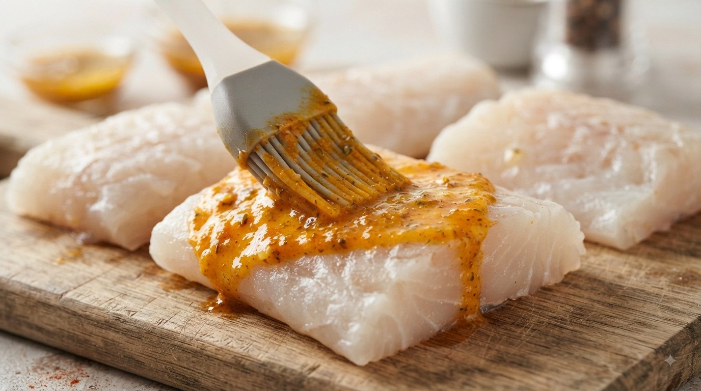 Lomos de bacalao siendo untados con el marinado de limón y pimentón sobre tabla de madera