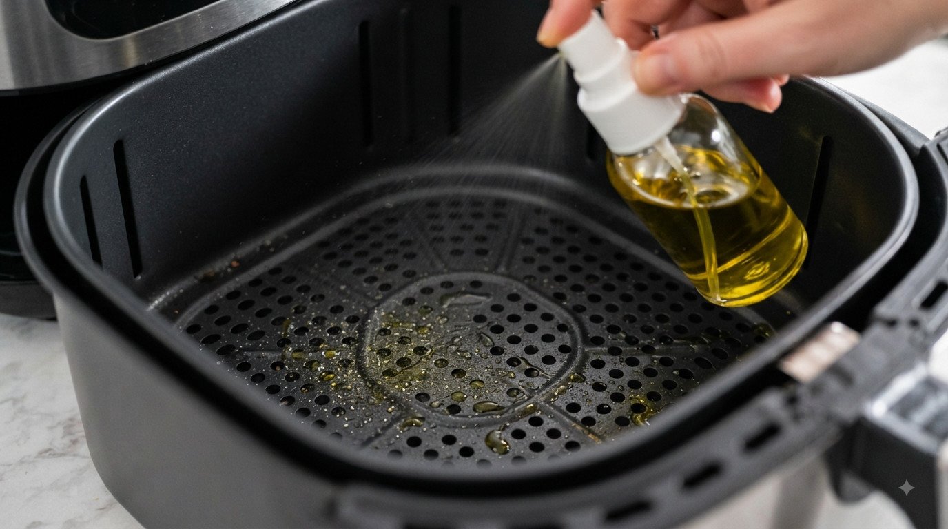 Aceite siendo esparcido en la base de la cesta de la freidora de aire