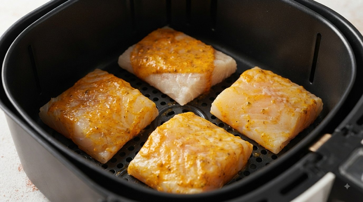 Lomos de bacalao en la cesta de la freidora de aire, sin amontonar, antes de cocinar