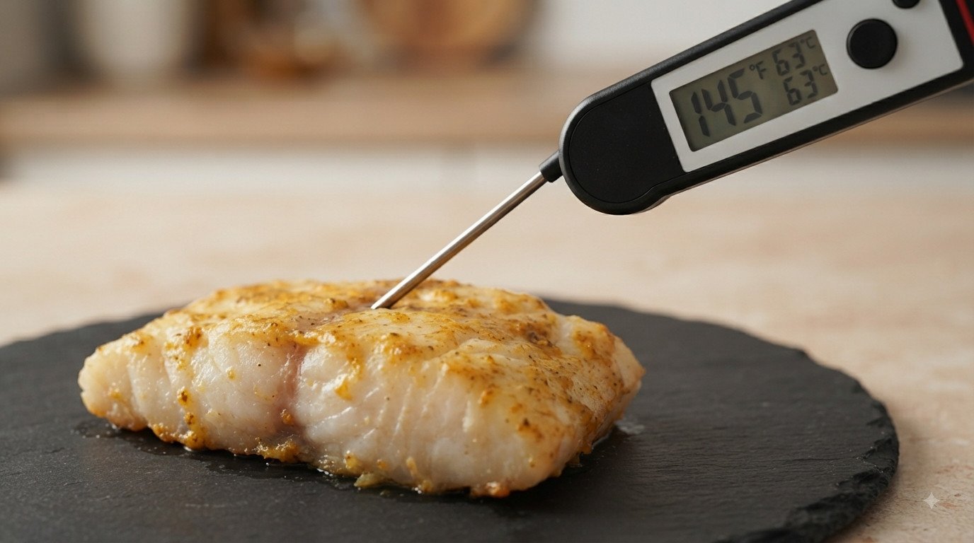 Termómetro de cocina insertado en un lomo de bacalao mostrando la temperatura interna