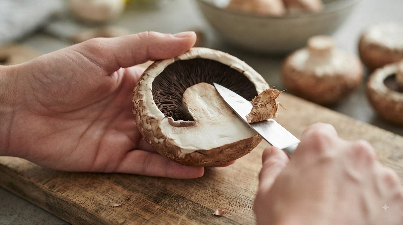 Setas portobello con la piel del sombrero siendo retirada con un cuchillo