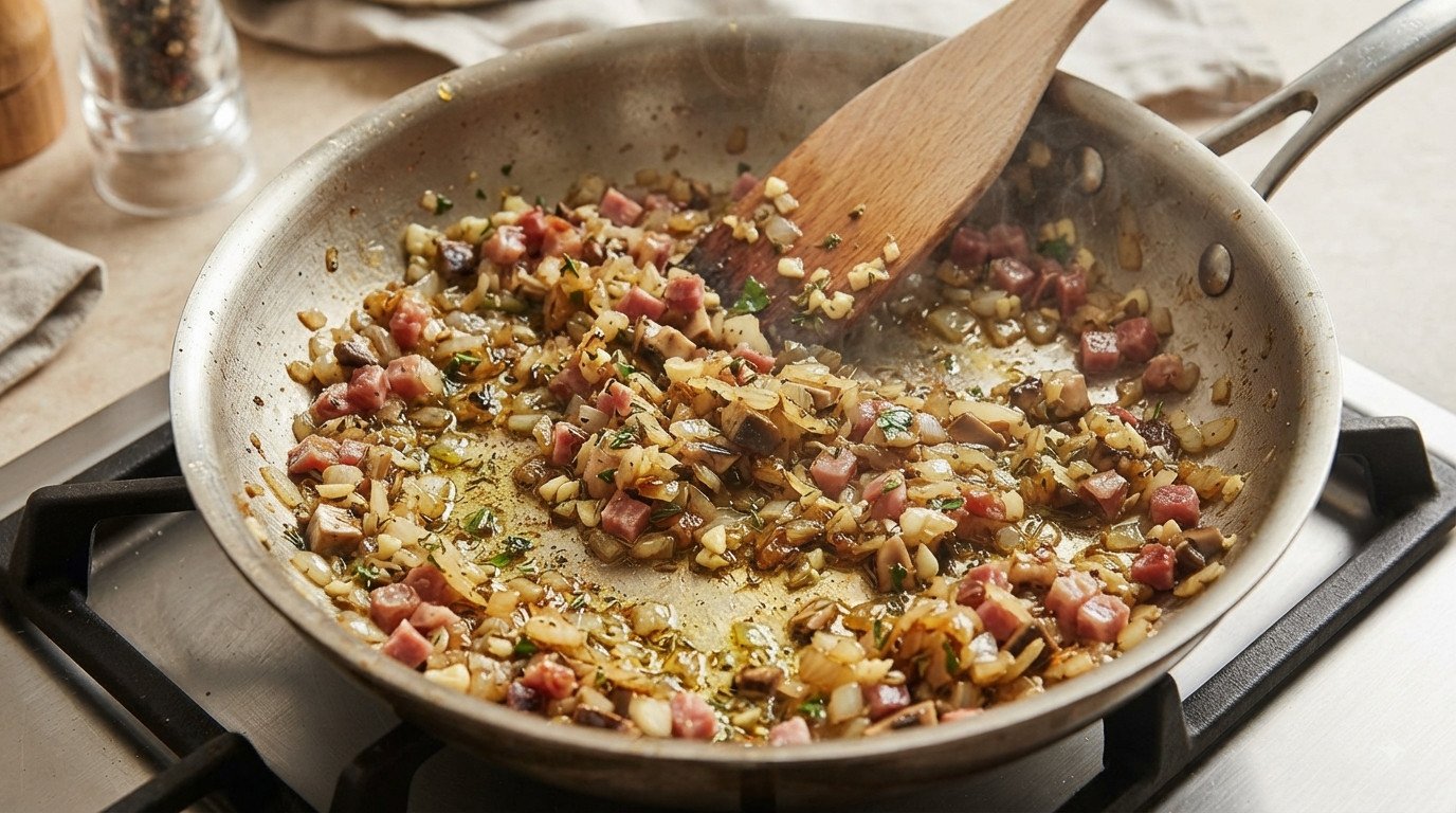 Sofrito de cebolla, ajo, tallos y jamón en una sartén