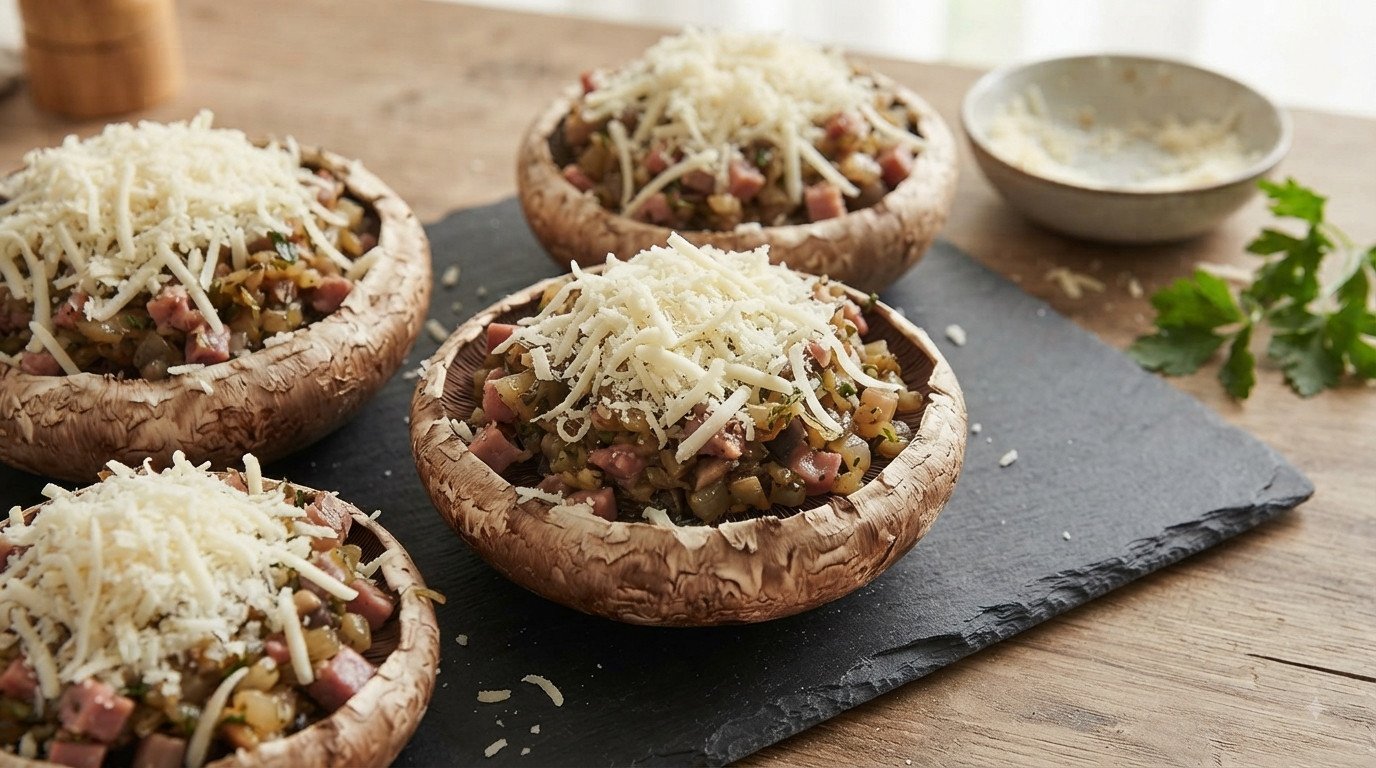 Setas portobello rellenas con el sofrito y cubiertas de queso rallado, antes de cocinar