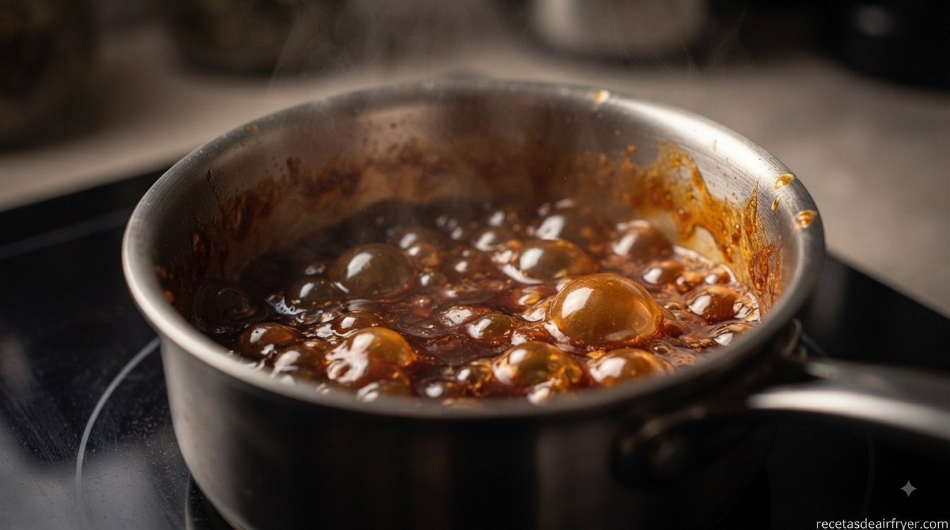 Salsa teriyaki casera hirviendo en un cazo, con textura espesa
