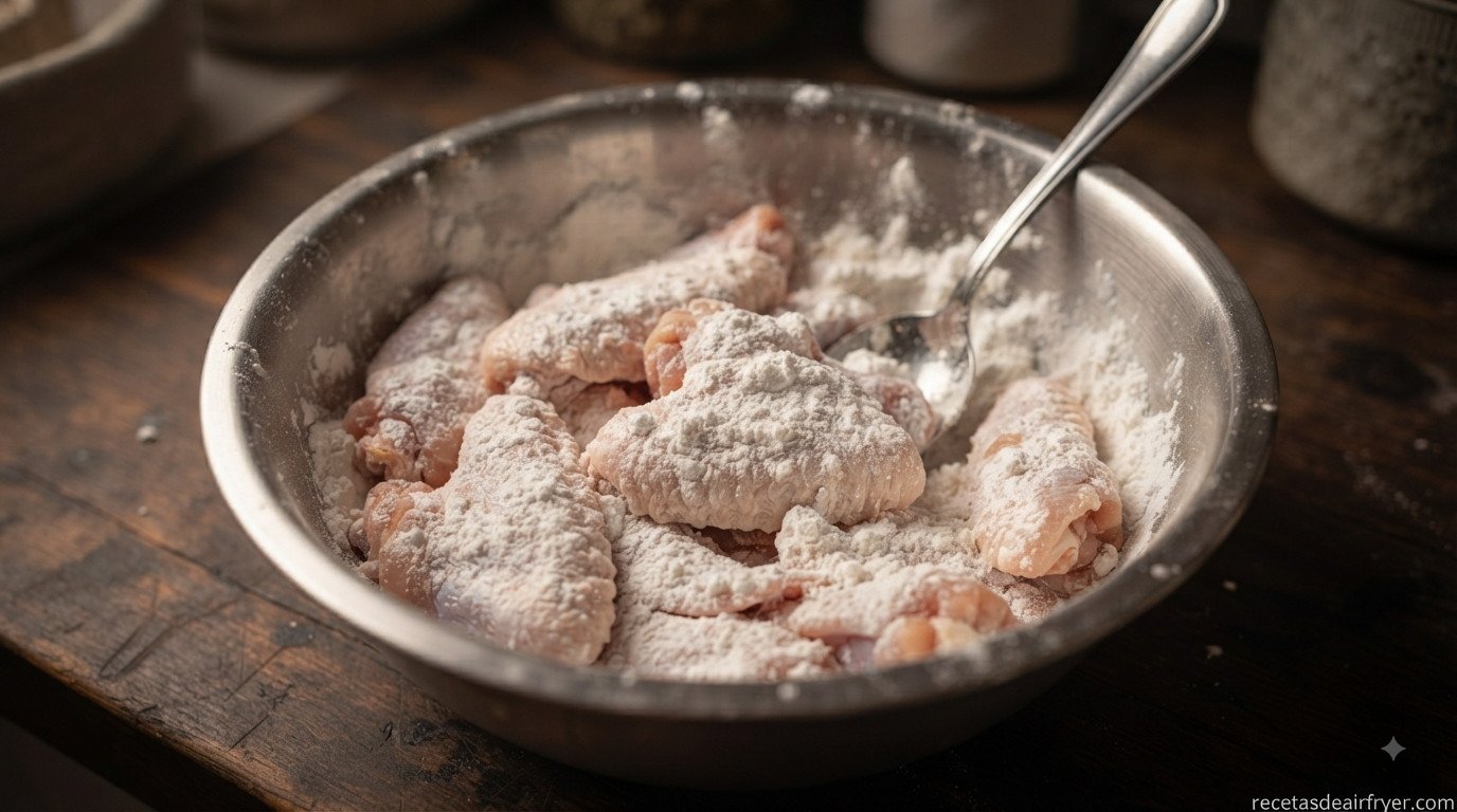 Alitas de pollo mezcladas con maicena en un bol, antes de cocinar