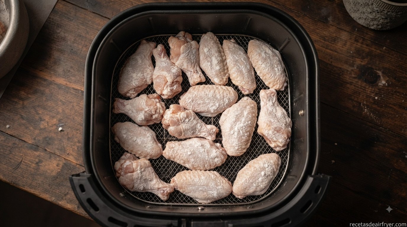 Alitas de pollo en la cesta de la freidora de aire, sin amontonar, antes de cocinar