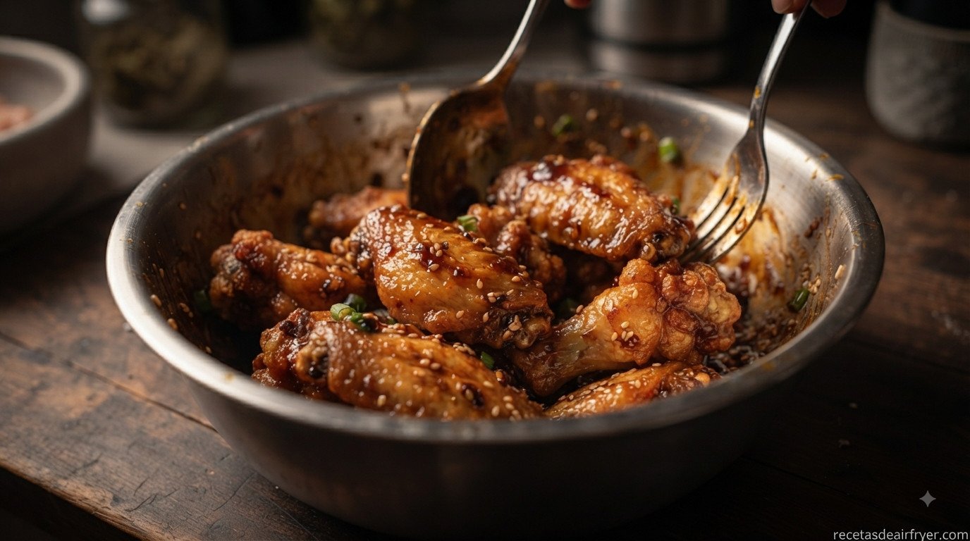 Alitas de pollo recién cocinadas siendo mezcladas con la salsa teriyaki en un bol, fuera de la freidora