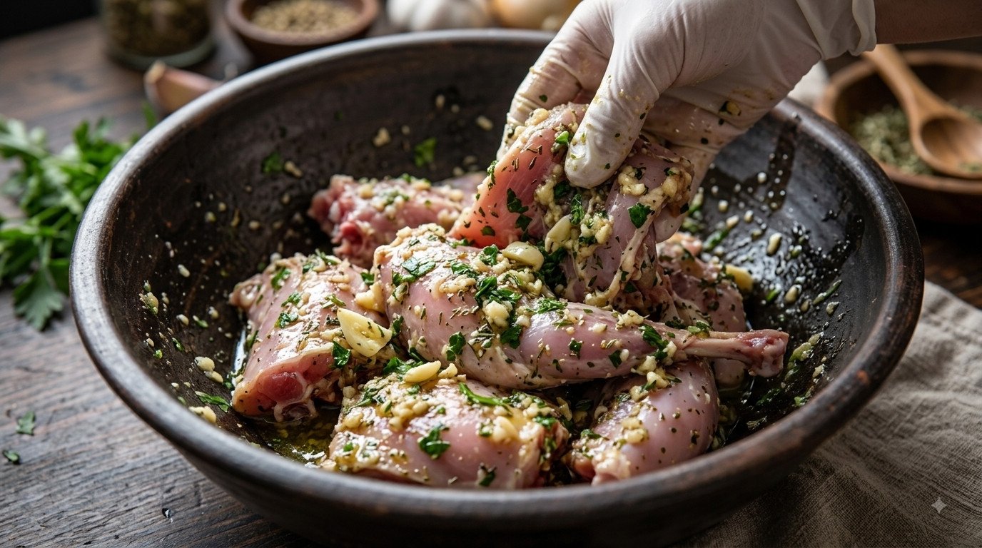 Conejo al ajillo untada con el adobo de ajo y hierbas provenzales por dentro y por fuera