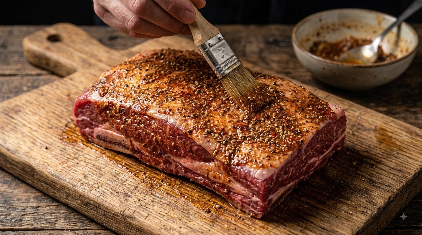 Costilla de ternera cruda untada con el adobo de especias