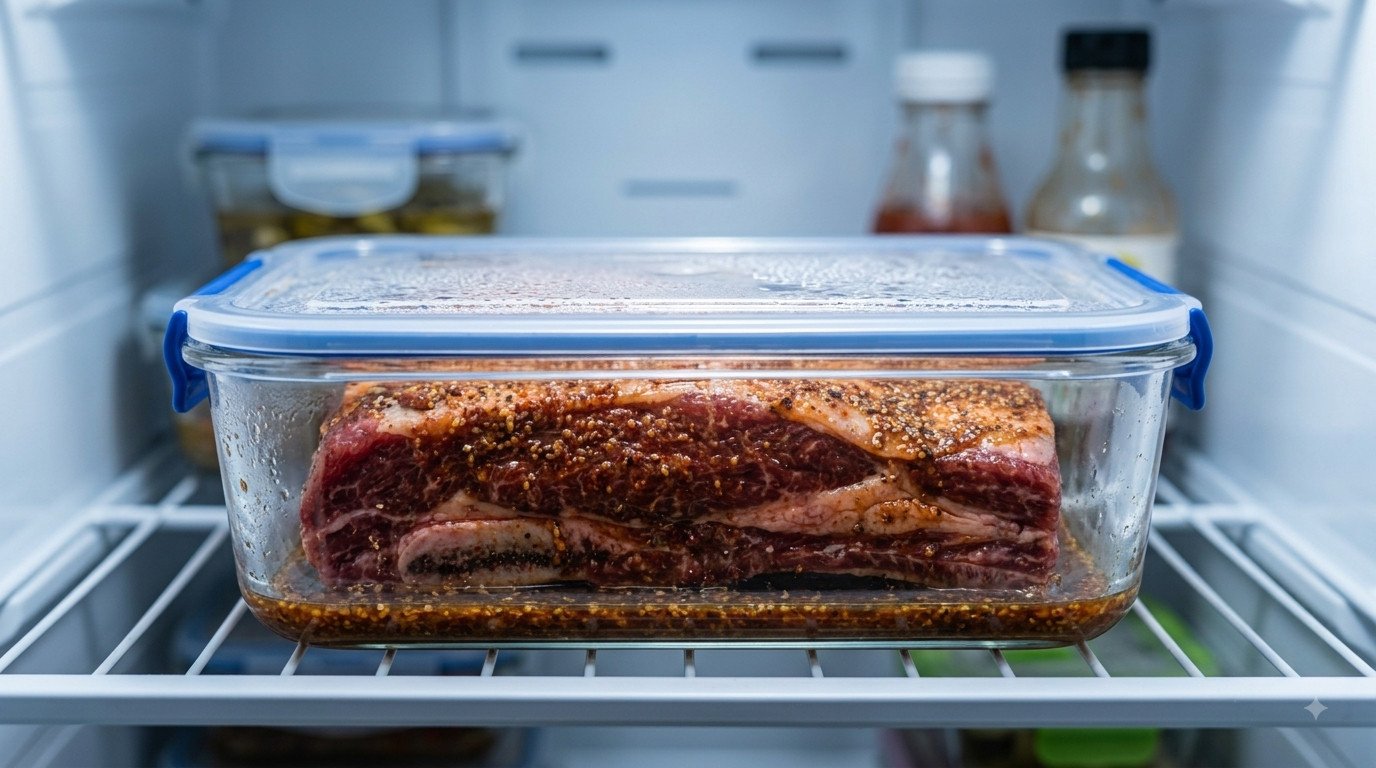 Costilla de ternera marinando en un recipiente cubierto