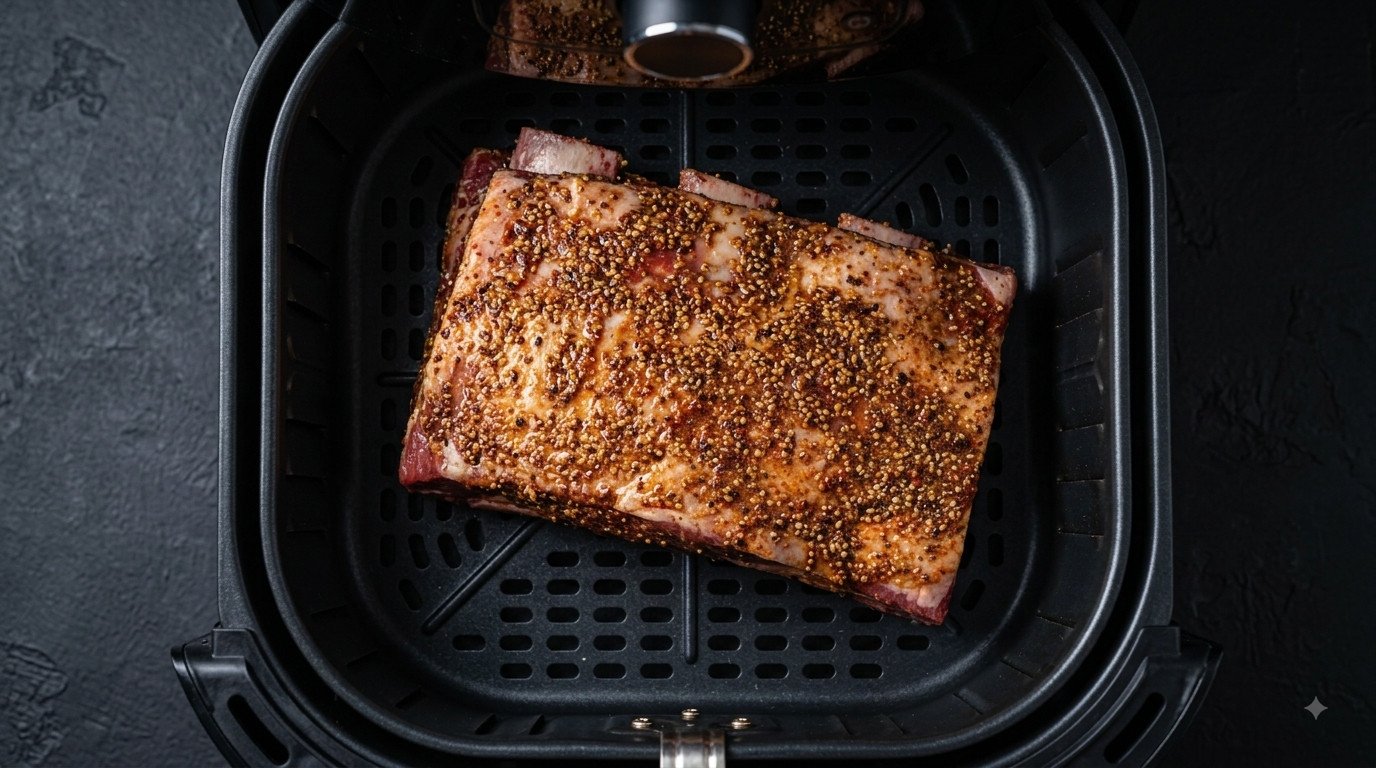 Costilla de ternera colocada en la cesta de la freidora de aire