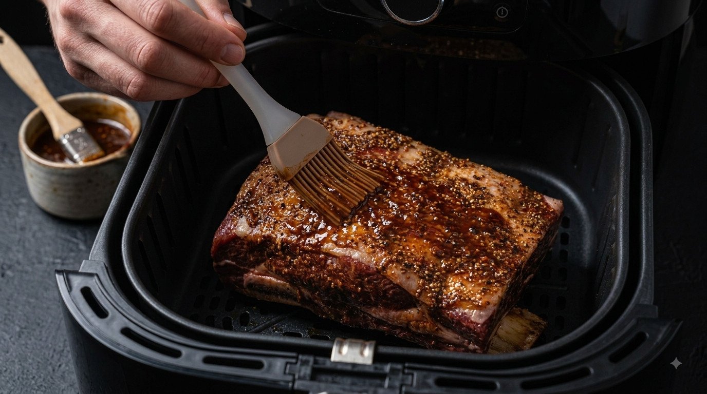 Costilla de ternera pintada con el adobo reservado antes del último tramo