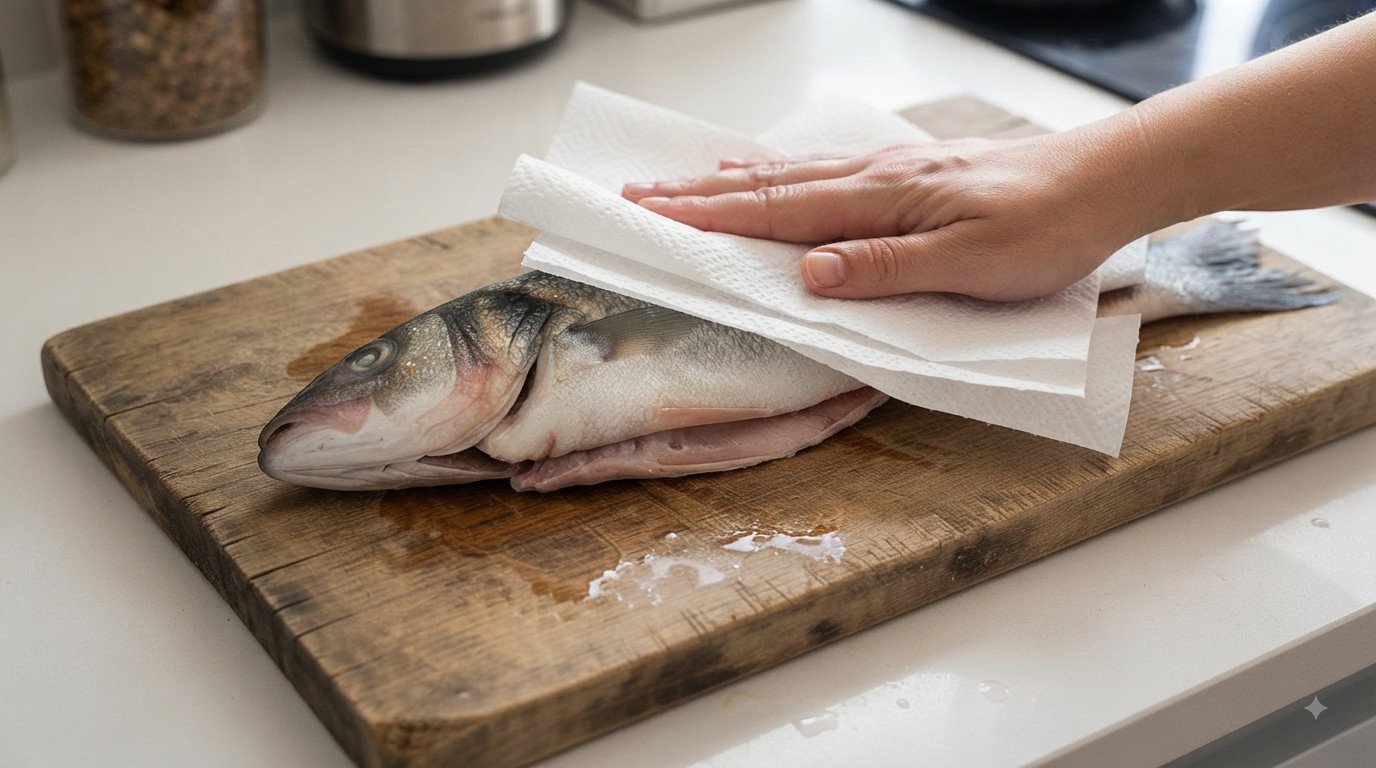 Lubina entera limpia siendo secada con papel de cocina sobre tabla de madera