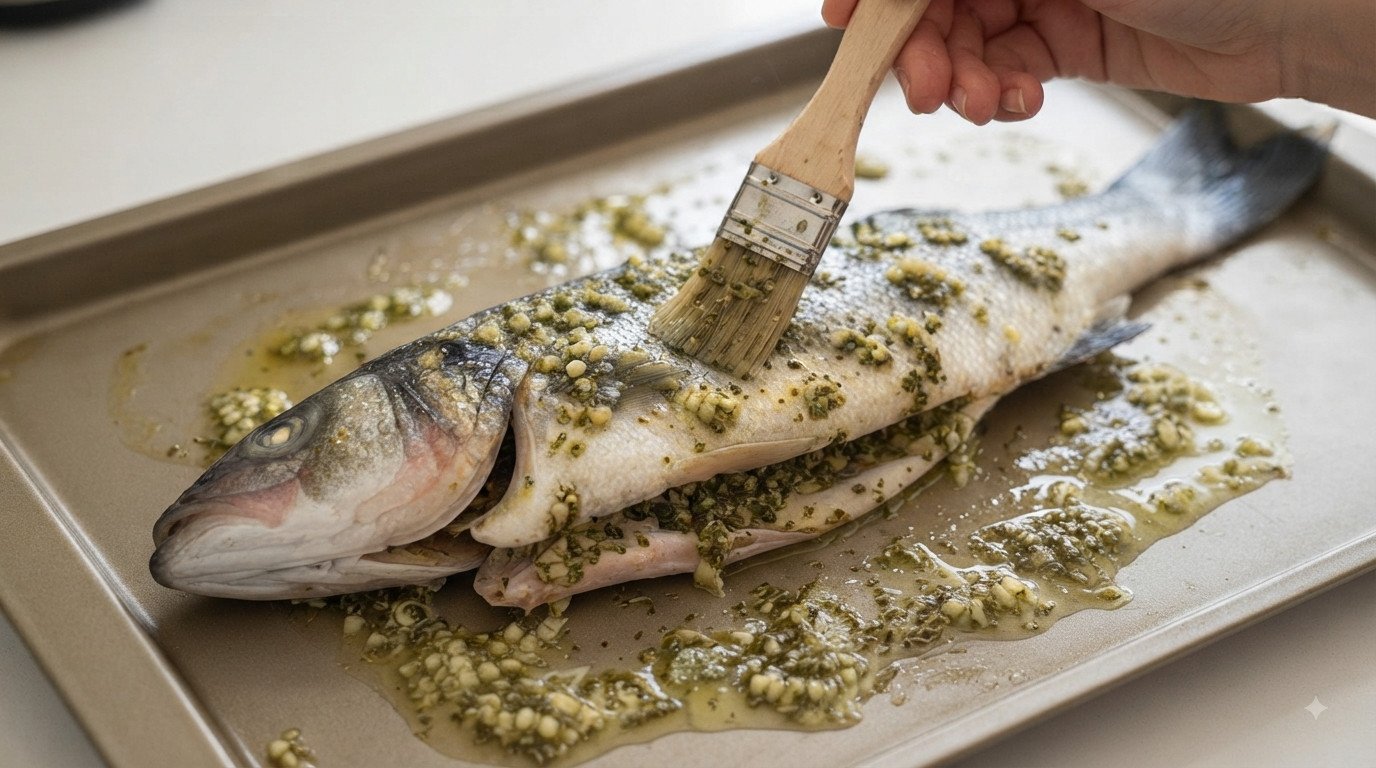 Lubina entera untada con el adobo de ajo y hierbas provenzales por dentro y por fuera