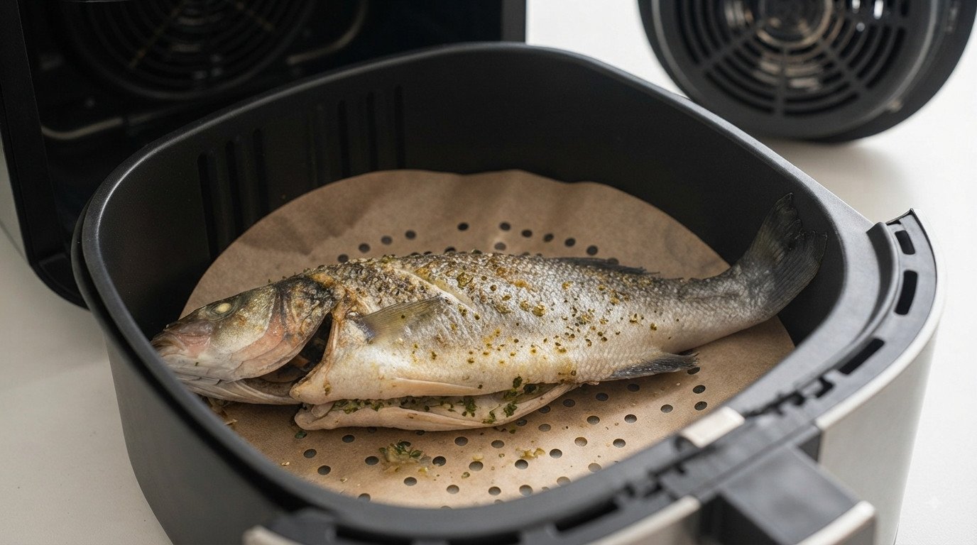 Lubina entera en la cesta de la freidora de aire antes de cocinar