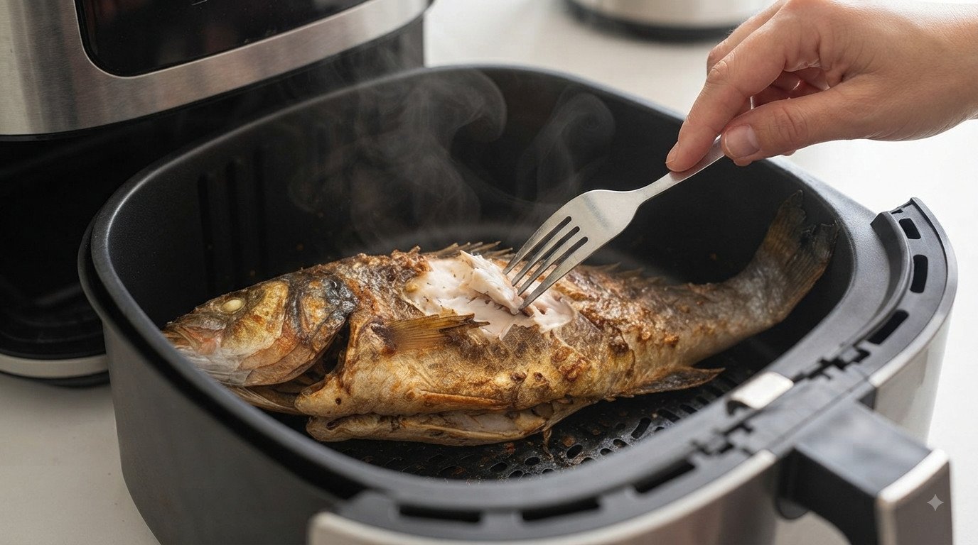 Lubina entera recién cocinada con la piel dorada siendo comprobada con un tenedor