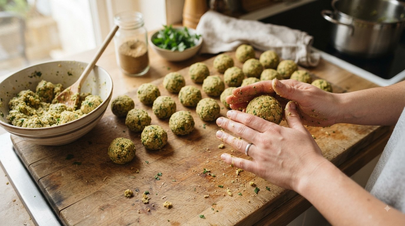 Masa de falafel siendo formada en bolitas sobre tabla de madera