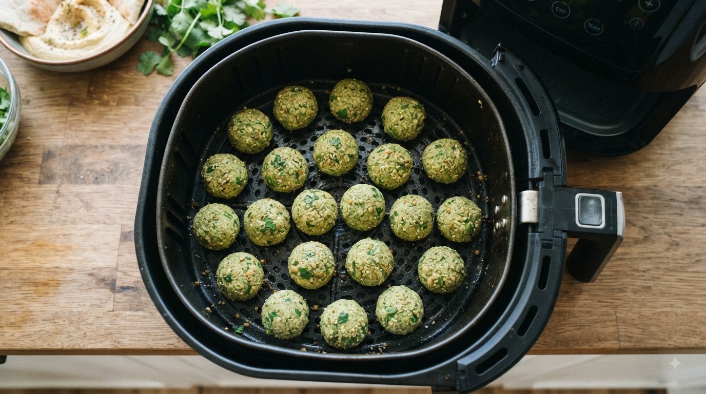 Falafel en la cesta de la freidora de aire, sin que se toquen entre sí, antes de cocinar