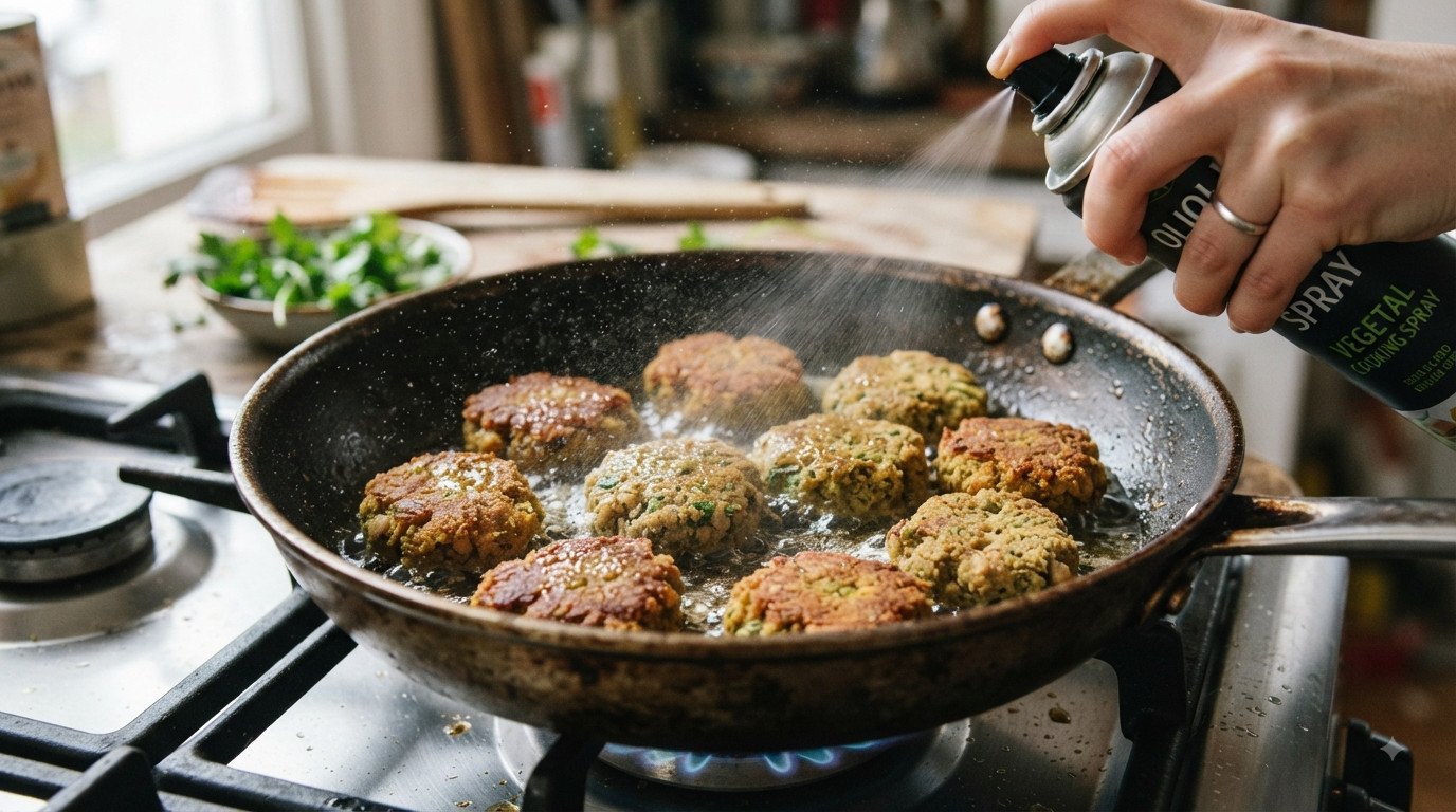 Falafel a mitad de cocción siendo rociado con aceite en spray